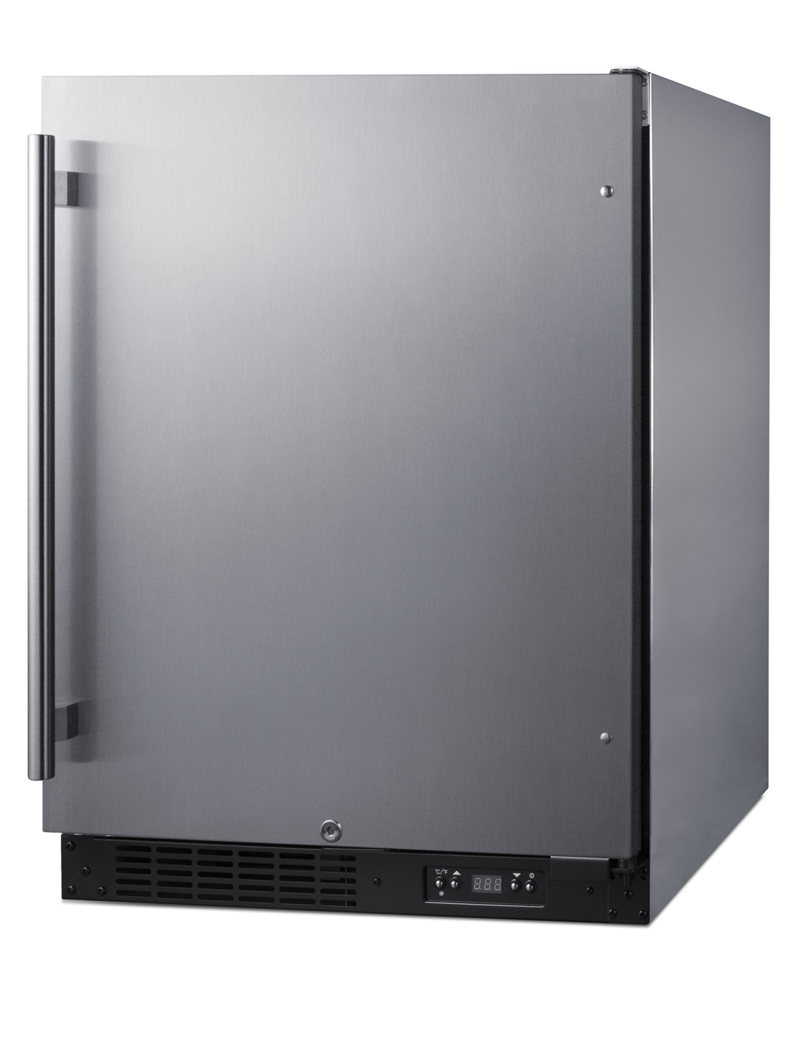 Built-in undercounter ADA compliant frost-free all-freezer with stainless steel exterior, door storage, lock, and digital controls